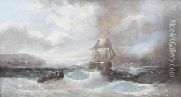 Ships Off The Coast Under Stormy Skies Oil Painting - A. Robins