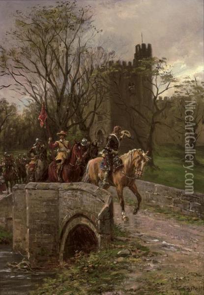 Cromwellian Soldiers Leaving Warwick Castle Oil Painting - Ernest Crofts