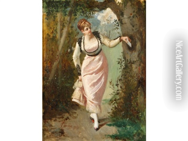 A Young Lady In A Garden Looking Around A Tree And Holding A Letter Oil Painting - Serafin Martinez del Ricon y Trives