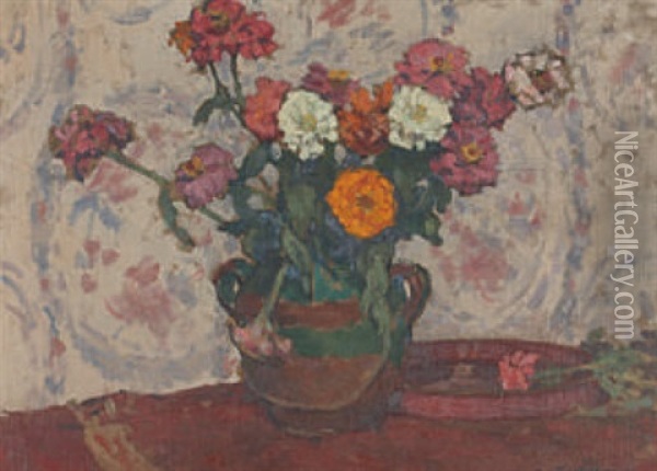 Stillleben Mit Blumen (+ Flusslandschaft Mit Boot Und Pferdekarren; Verso) Oil Painting - Charles-Auguste Edelmann