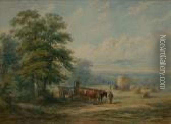Landscape With Figures Beside Oxen And A Cart Oil Painting - Henry Earp
