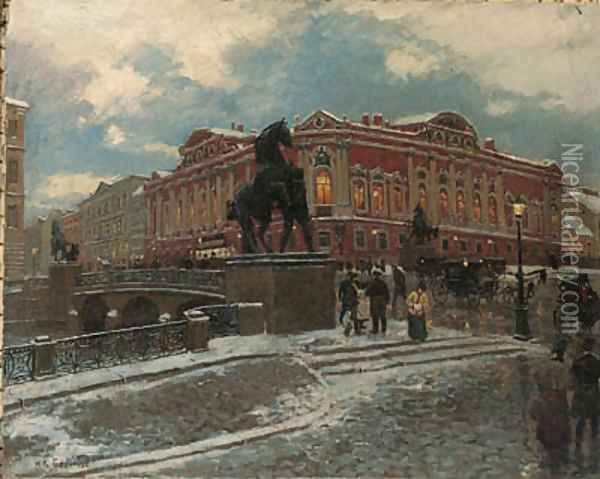 View of the Anichkov Bridge in St. Petersburg Oil Painting - Aleksandr Karlovich Beggrov