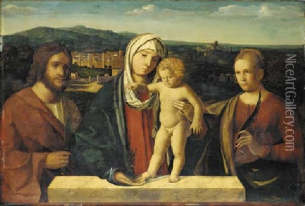 The Madonna And Child With Saints Bartholomew And Catherine, Behind A Stone Ledge Oil Painting - Giovanni Bellini