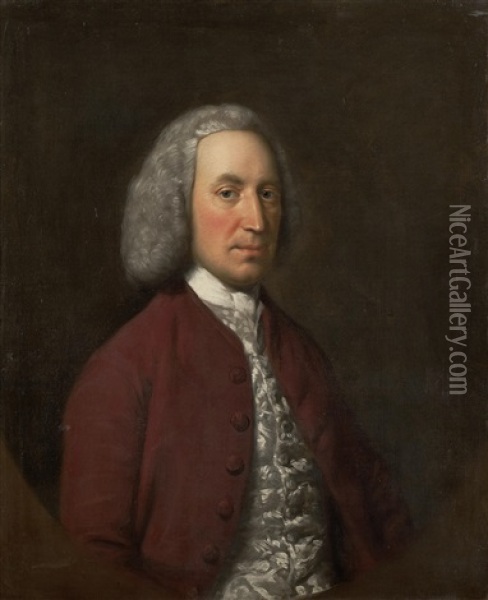 Portrait Of Thomas Bateson, Half Length, Wearing A Red Coat And Silver Waistcoat; Together With Another Of Mrs Thomas Bateson (+ Another Of Mrs Thomas Bateson) Oil Painting - Strickland Lowry