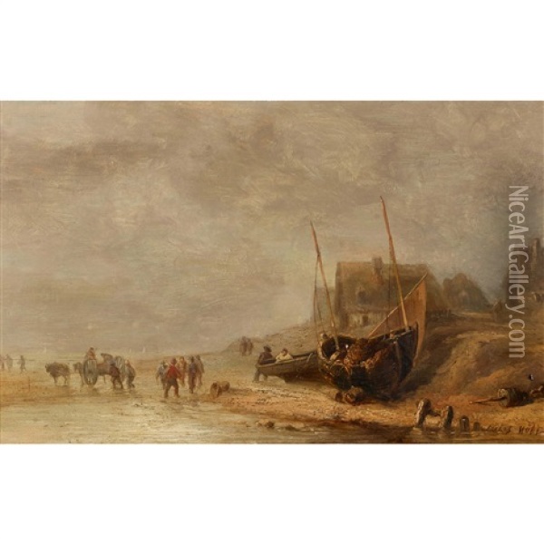 Strandlandschaft Mit Booten Und Staffage Oil Painting - Jules Achille Noel