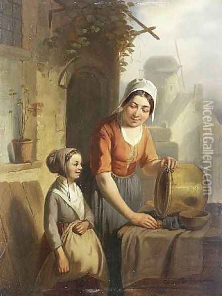 Mutter und Tochter beim Putzen eines Kessels 1860 Oil Painting - Adrien Ferdinand de Braekeleer