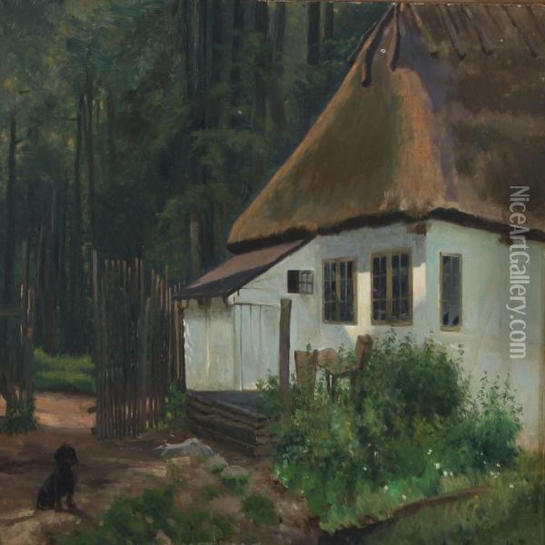 Dachshund Outside A Forest Guard Cottage Oil Painting - Simon Simonson