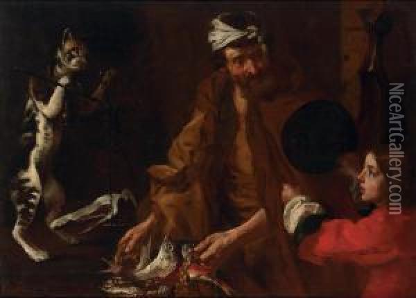 Fishmonger, A Boy And A Cat Weighing Ham Oil Painting - Bernhard Keil