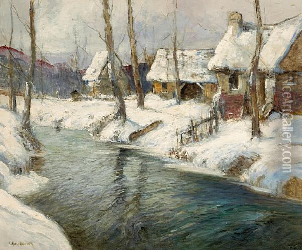 A Village By A River In Winter Oil Painting - George Ames Aldrich
