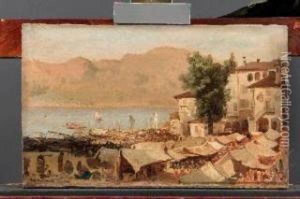 Mercato Sul Lago D'orta Oil Painting - Angelo Inganni