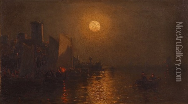 A Moonlit Castle Harbour Oil Painting - Ralph Albert Blakelock