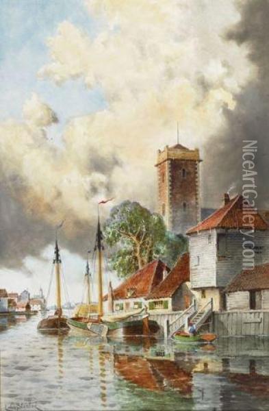 Fishing Boats In A Dutch Harbour With Tower Oil Painting - Hermanus Jr. Koekkoek
