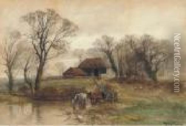 A Horse-drawn Cart Crossing A Ford Oil Painting - Henry Charles Fox