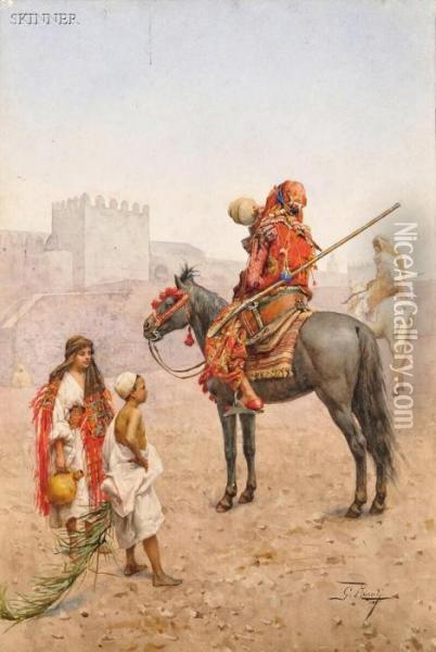 Arab Horseman Pausing To Quench His Thirst Oil Painting - Giulio Rosati