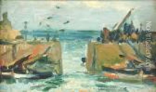 An East Coast Fishing Harbour Oil Painting - George Leslie Hunter