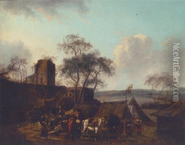 A Military Encampment Before A Walled Town Oil Painting - Claude Michel Hamon Duplessis