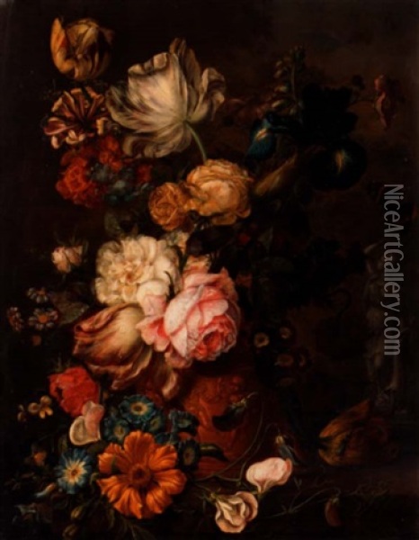 A Still Life With Roses, Irises, Tulips, Primroses And Various Other Flowers In A Terracotta Urn On A Stone Ledge Oil Painting - Jan Van Huysum