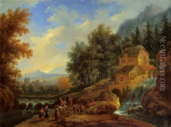 Gebirgslandschaft Mit Wasserfall, Einer Muhle Und Vielen Figuren Oil Painting - Adriaen Frans Boudewyns the Elder