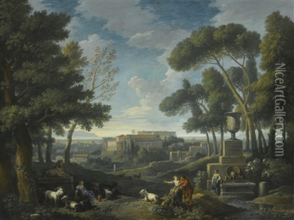 A Wooded Landscape With A Fountain, A Capriccio View Of Rome Beyond Oil Painting - Jan Frans van Bloemen