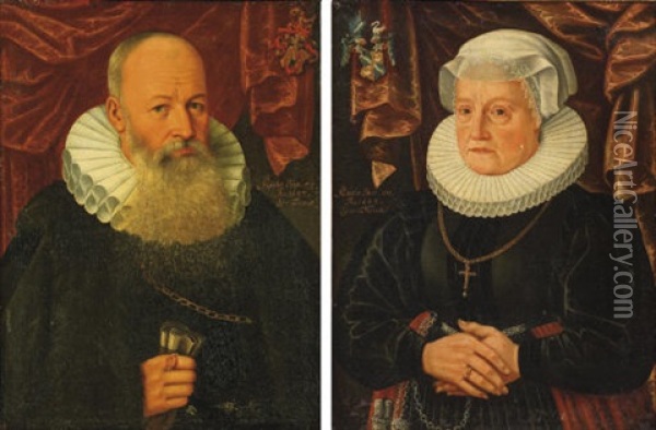 Portrait Of A Gentleman In A Black Costume With A White Molensteenkraag (+ Portrait Of A Lady In A Black Costume; 2 Works) Oil Painting - Gerard van Donck