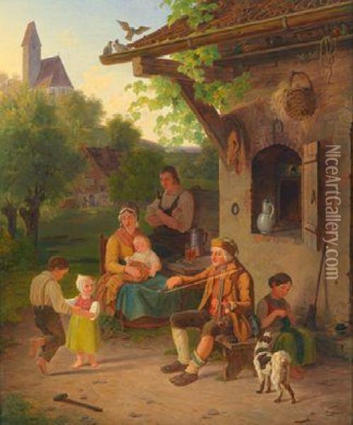 Abendliche Familienidylle Vor Dem Haus Oil Painting - Anton Clemens Evers