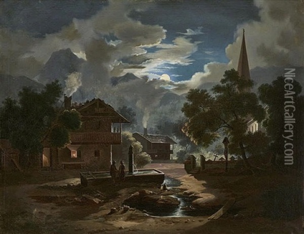A View Of Partenkirchen In The Moonlight Oil Painting - Christian Ernst Bernhard Morgenstern