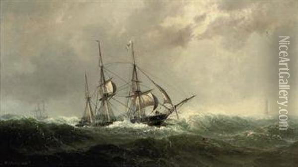 A Three-master Reefed-down In Heavy Weather Oil Painting - Vilhelm Melbye