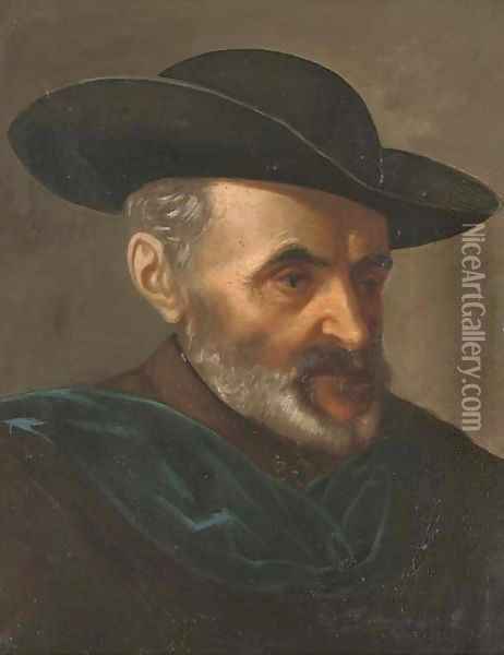 Portrait of a man, bust-length, wearing a black hat Oil Painting - French School