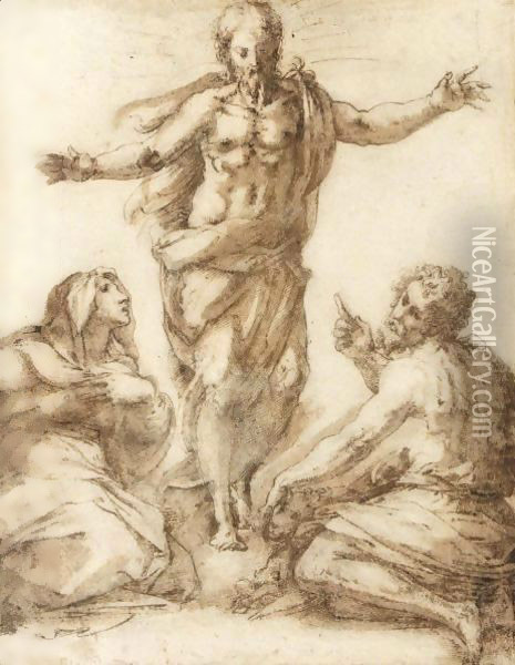 Christ Appearing Between The Madonna And St. John The Baptist Oil Painting - Giorgio Vasari