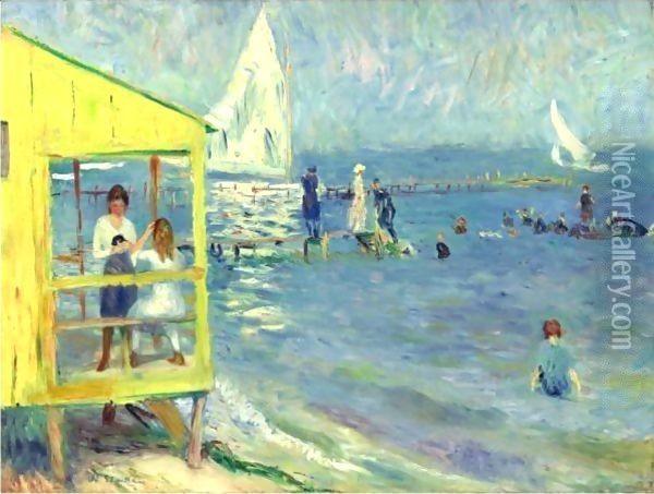 Yellow Bath House And Sailboat, Bellport, Long Island Oil Painting - William Glackens