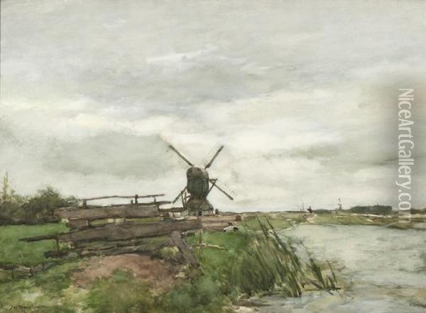 View Of A Mill In A Polderlandscape Oil Painting - Jan Hendrik Weissenbruch