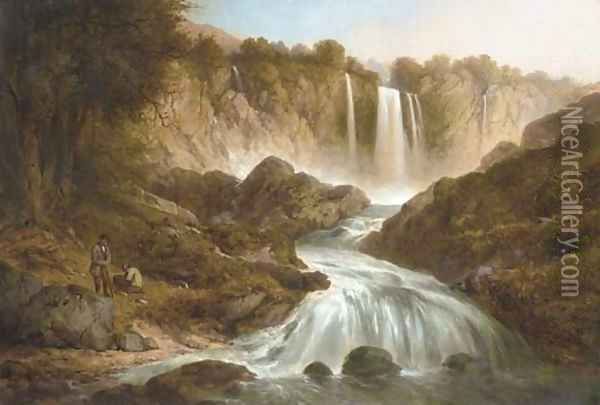 Anglers by a waterfall Oil Painting - Thomas Creswick