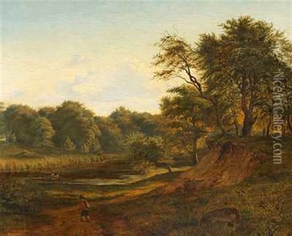 Sommerlandskab Med Vandringsmand Oil Painting - Johann Vilhelm Ludwig Dahl