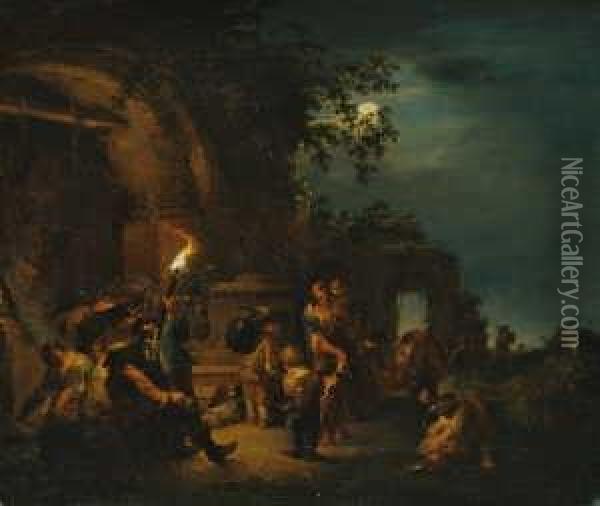 Zigeuner Beim Aufbruch. Nachtliche Vollmondbeschienene Lagerszene. Oil Painting - Johann Georg Trautmann