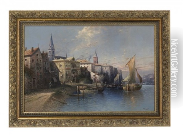 Fishing Boats In The Harbor Oil Painting - Nicholas Briganti