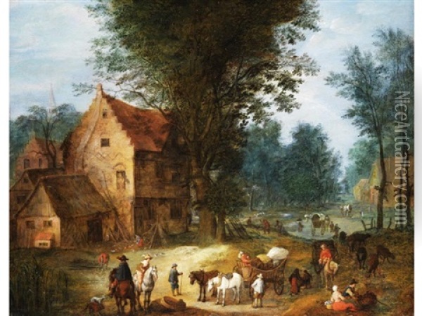 Dorflandschaft Mit Rastenden Reisenden Oil Painting - Joseph van Bredael