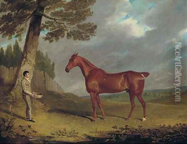 A chestnut hunter and a groom in a landscape Oil Painting - John Frederick Herring Snr