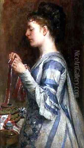 Girl Embroidering Oil Painting - William Fettes Douglas