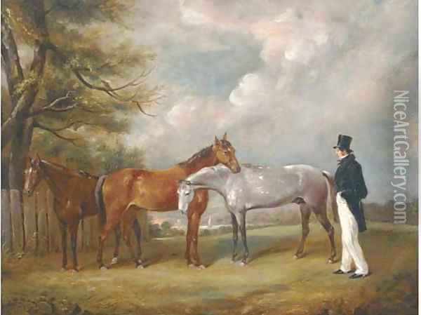 A gentleman with three horses under a tree Oil Painting - English School