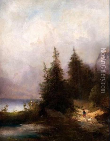 Pejzaz Alpejski Z Jeziorem I Kobieta Idaca Droga Wsrod Sosen Oil Painting - Joseph Jansen