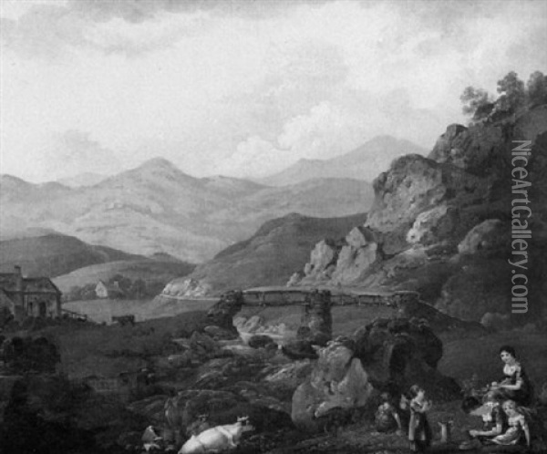Mountainous River Landscape With Figures And Cattle         Resting By A Bridge Oil Painting - Julius Caesar Ibbetson