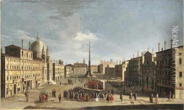 The Piazza Navona, Rome, From 
The South, With A Crowd Watching A Performance Of The Commedia Dell'arte Oil Painting - Jacopo Fabris Venice