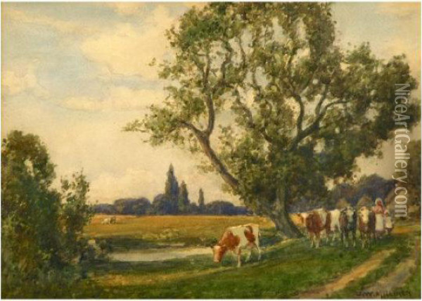 Milking Time, Cheshire Oil Painting - James W. Milliken