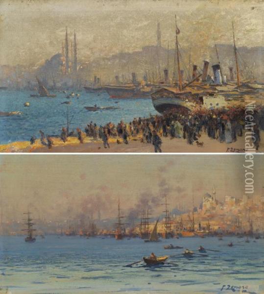 Two Views Of The Bosphorus: A Pair Oil Painting - Fausto Zonaro