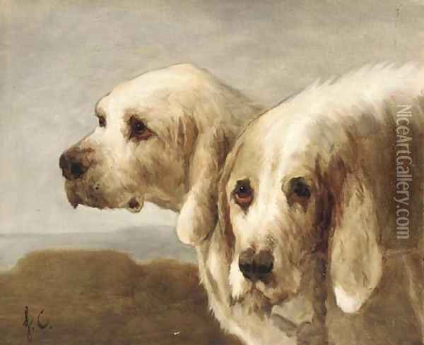 Two dogs in a landscape Oil Painting - English School