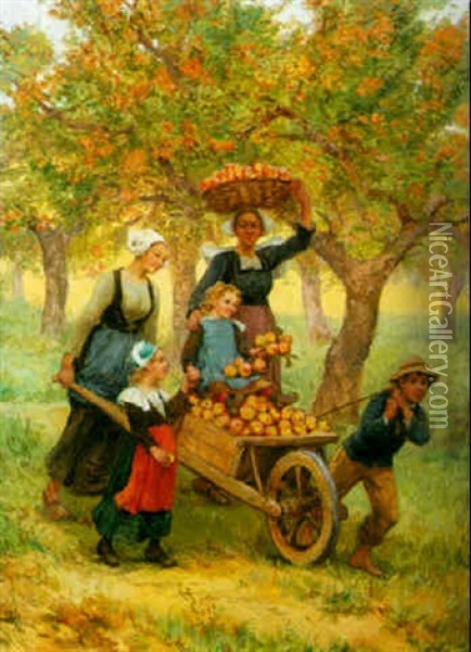 Harvesting Apples Oil Painting - Theophile-Louis Deyrolle