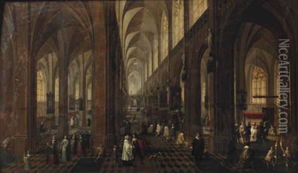 The Interior Of The Onze-lieve-vrouwe-kerk In Antwerp With Elegant Figures Conversing Oil Painting - Peeter Neeffs the Younger
