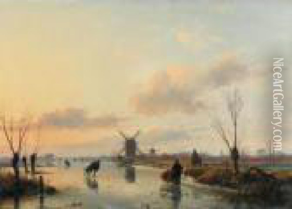 Skaters In A Winter Landscape With Windmills Oil Painting - Andreas Schelfhout