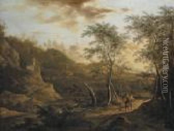 A Wooded River Landscape With A Traveller On A Track Oil Painting - Frederick De Moucheron