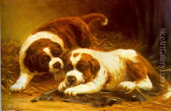 Two St. Bernard Puppies Oil Painting - Otto Eerelman